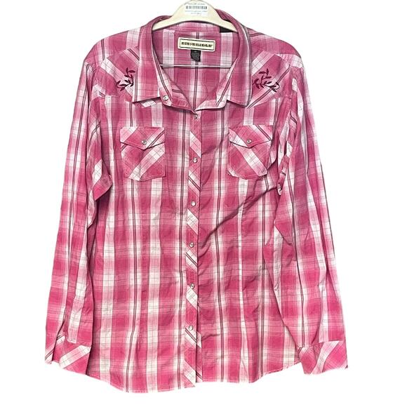 Bit & Bridle Tops - Bit & Bridle pink plaid shirt embroidered western cowgirl long sleeve size 3XL